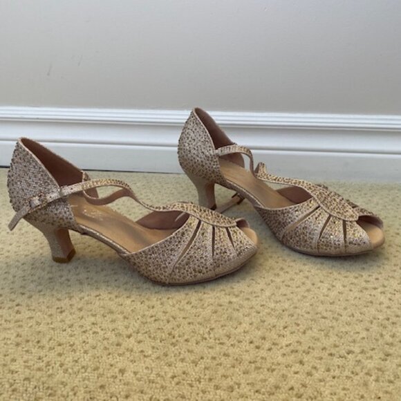 Glitzy Gold Ballroom Dancing shoes suede bottom - Picture 1 of 12